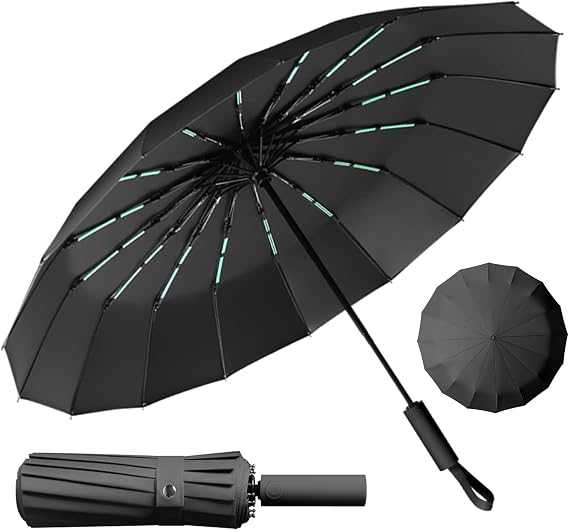 LENDOO Compact Umbrella Glegable 16 Ribs Anti-Storm, Large Folding Umbrella with Automatic Opening, Windproof, Anti-UV