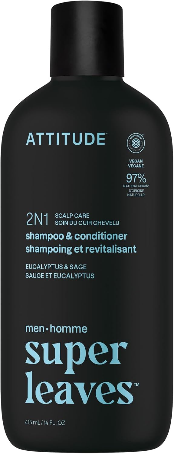 ATTITUDE Men's Shampoo and Conditioner 2-in-1, Scalp Care for Build Up and Oily Hair, 97% Natural Origin Ingredients, EWG Verified, Eucalyptus & Sage, 415 mL