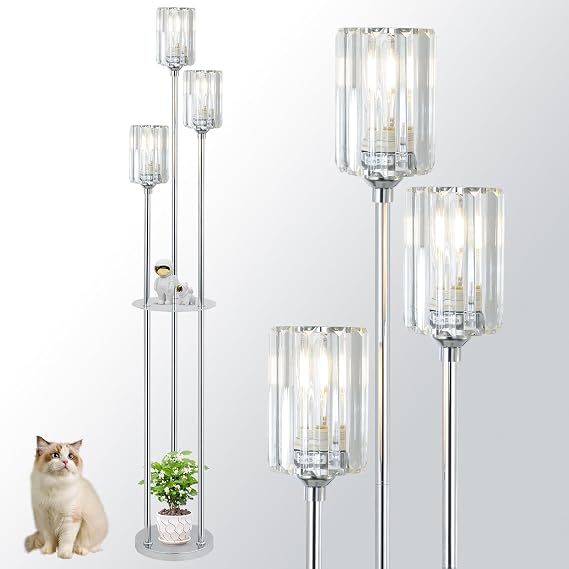 Rayofly Modern Floor Lamps for Living Room, 3-Lights Crystal Floor Lamp with Shelves, Chrome Standing Lamp with Crystal Shades and Foot Switch, Standing Lamps for Bedroom, Corner Tall Lamp for Office [Energy Class A]