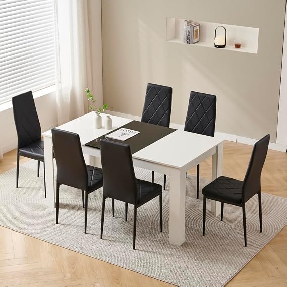 Rainbow Tree 150cm Large Dining Table Set of 6, Modern Dining Table with 6 Black Leather Dining Chairs for Dining Room, Kitchen Set for Family Wooden
