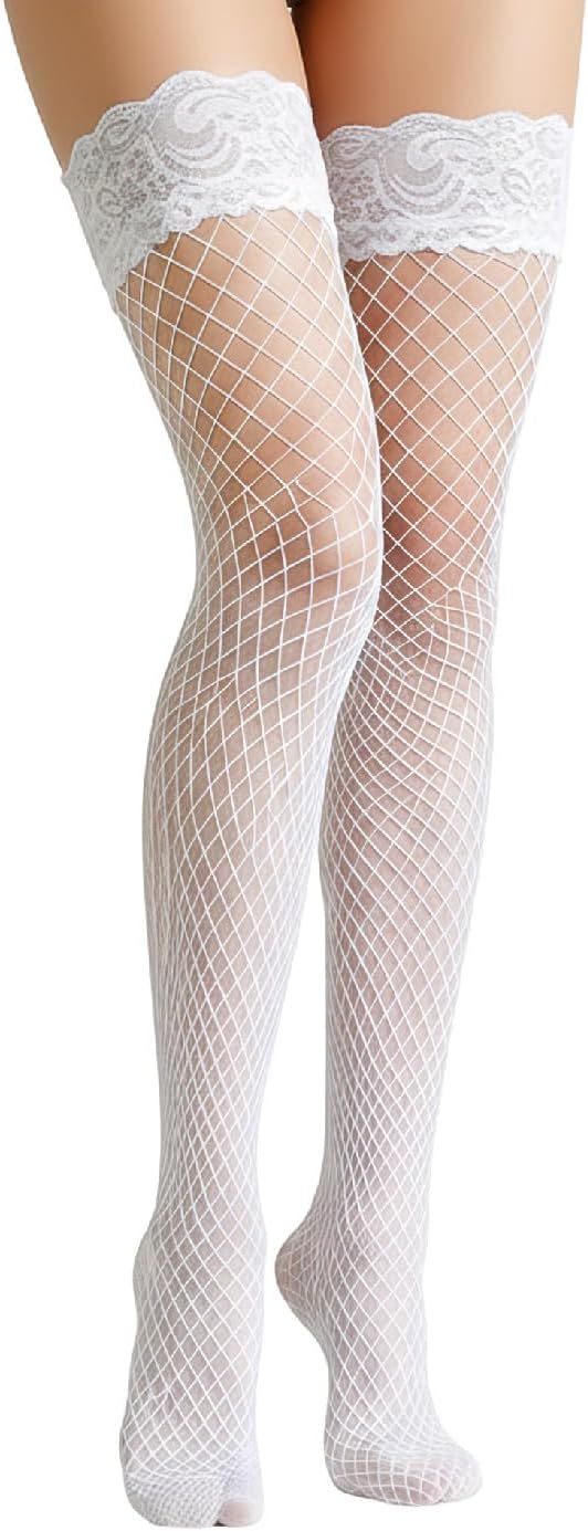 Plus Size Fishnet Thigh High Stockings with Lace Top,Hold Up Fishnet Stockings for Women,Gothic Stretchy Over Knee Net Tights for Daily Wear,Party Outfit,Cosplay Costume