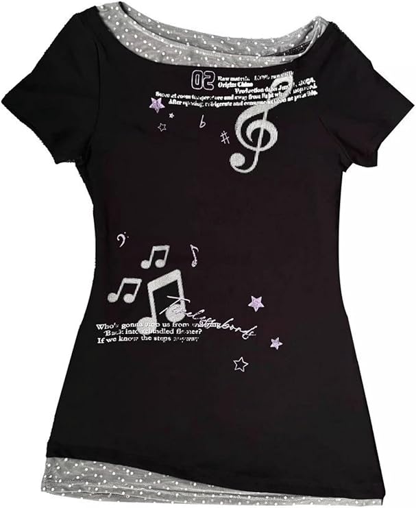 エモ グランジ トップス Y2k 原宿 音符 シャツ ヴィンテージ ゴシック 2000年代 服 気まぐれなツイー Tシャツ Alt 服