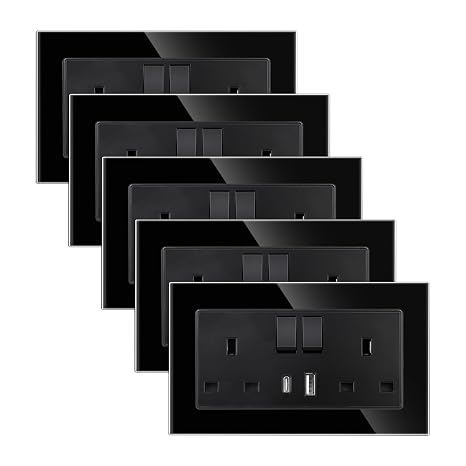CNBINGO Glass Double Socket with USB,Electrical Power Wall Outlets Black