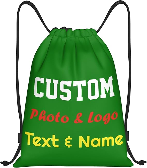 Personalised Drawstring Bag Custom Drawstring Backpack with Your Own Photo/Logo/Text/Name, Design Drawstring Gym Swimming Yoga Bag for Women Men, Customised Knapsack for Sports Business, Green, S