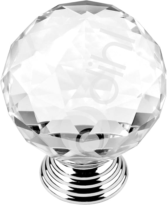 Dihl Crystal Glass Door Knobs, Pack of 6 Doorknobs, 31.5mm Wide, Diamond Shaped Cabinet Cupboard Dresser Wardrobe Drawer Pull Handles, Clear with Chrome Base, 6 PCS