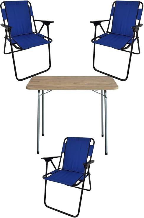 Bofigo 60X80 Çam Desenli Katlanır Masa + 3 Adet Katlanır Sandalye Kamp Seti Bahçe Takımı Mavi