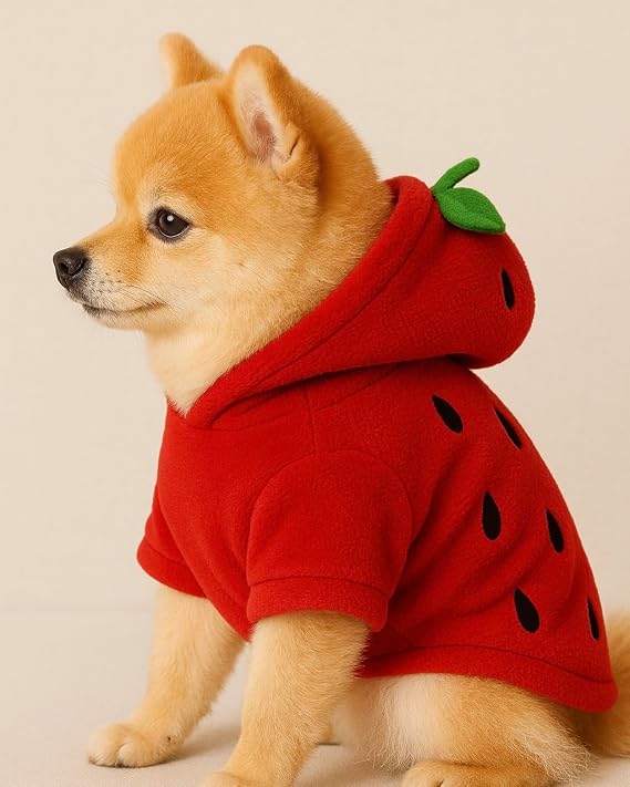 Sevimli Evcil Hayvan Kıyafeti, Çilek Desenli Kapüşonlu Sweatshirt, Kırmızı ve Yeşil, Köpek Kostümü, Polar Kumaş (X-Small)