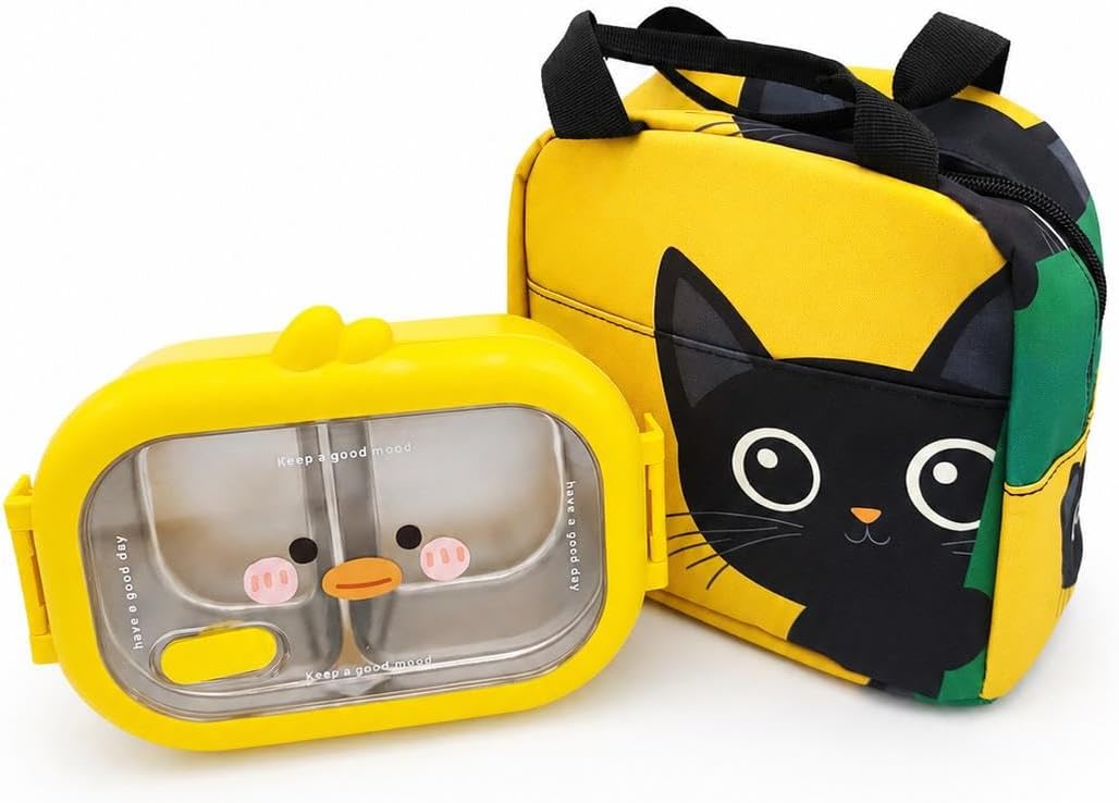 Valkyrie 304 Paslanmaz Çelik Çocuk Beslenme Kabı Kedili Termal Çantalı 2 Bölmeli Lunch Box Yemek Kabı