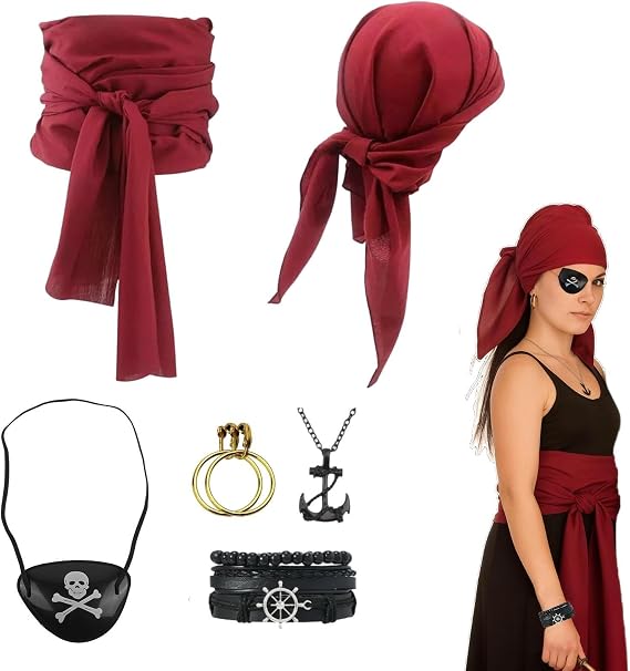 6 Pcs Pirate Accessories Set, Pirate Costume Kit Pirates Bandana Large Sash Belt Necklace Bracelets Gold Earring Eye Patch Fun Dress Up Costume for Adult Kids Halloween Cosplay