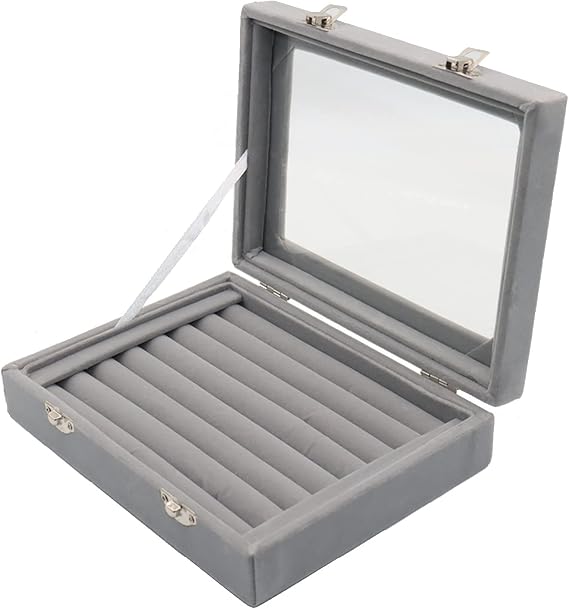 ReaJoys Ring Box, Ring Holder Boxes For Jewellery Ear Ring Box For Storage Jewellery Organiser Earring Holder Ring Boxes For Women 7 Slots Velvet With Glass Windows (Grey)