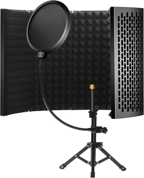 5-Panel Microphone Isolation Shield with Pop Filter & Tripod, Foldable Acoustic Foam Vocal Booth for Home Studio, Podcasting & Voiceover, Compatible with Blue Yeti & Condenser Mics