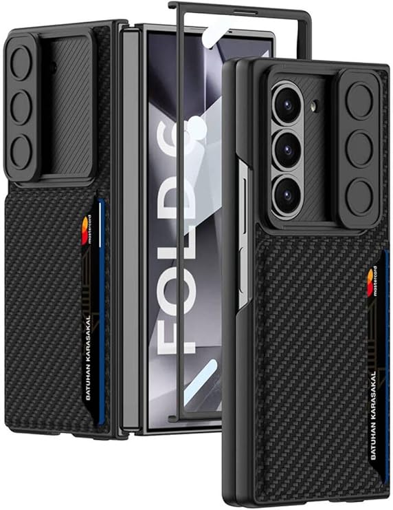 Galaxy Z Fold 6 Kılıf Kamera Korumalı Karbon Fiber Arka Yüzey Zore Kartlıklı Kıpta Sert Kapak-Siyah