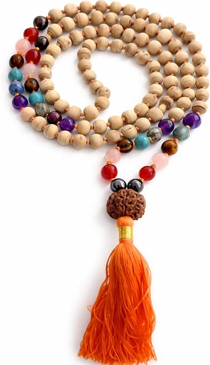 TULSI PREMIUM TULASI WITH CHAKRA CRYSTALS HINDU BUDDHIST KRISHNA Fair Trade MANTRA WOODEN PREMIUM MALA BEADS 108 MEDITATION, ORANGE LONG TASSEL WITH RUDRAKSHA GURU BEAD NECKLACE