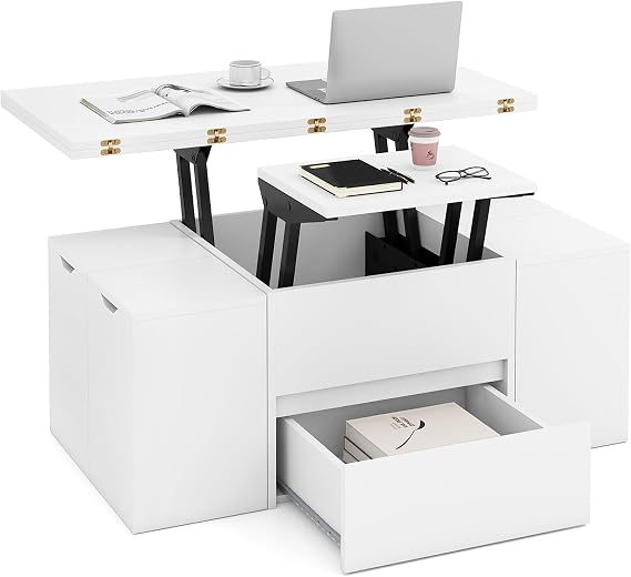 COSTWAY Lift Up Top Coffee Table, 3-in-1 Expandable Wooden Cocktail Center Table with 4 Storage Stools, Hidden Compartment & Drawer, Rectangle Accent Sofa Side Dining Table for 4-8 People (White)