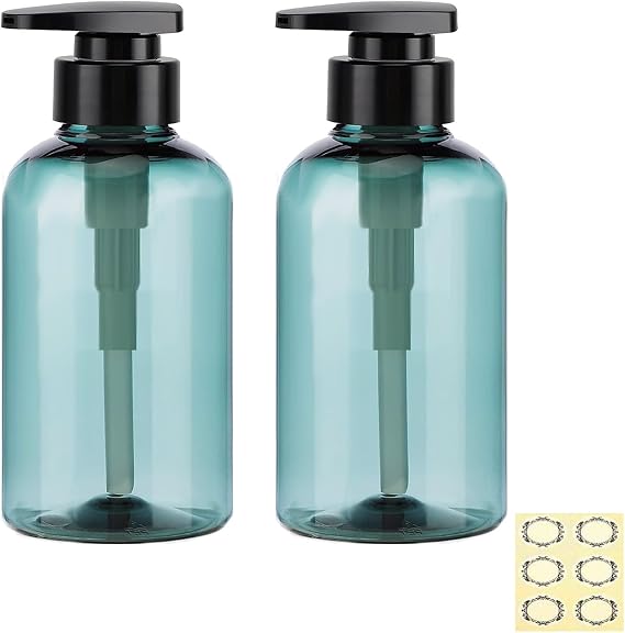Empty Plastic Pump Bottles Dispenser 2Pack 300ML/10.2OZ Refillable Lotion Pump Bottle Body Wash Travel Storage Liquid Container Shampoo Holder for Bathroom &Kitchen（Transparent-Blue Colour）