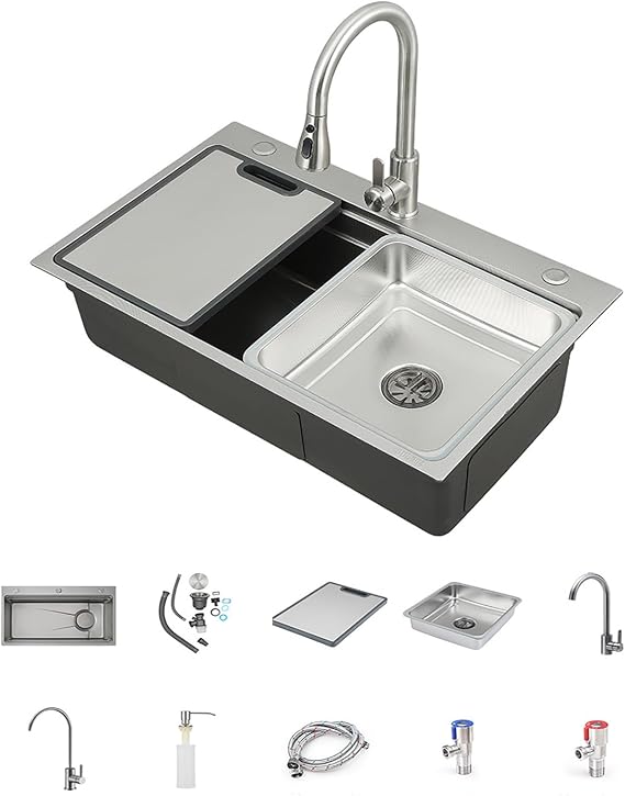 Drop In Double Bowl Kitchen Sink, stainless steel sink with Basket Strainer and Soap dispenser, Equipped with a gravity ball pull-out system, sinks for Kitchen, Bar(75x46cm)
