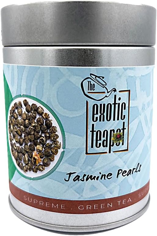The Exotic Teapot - Supreme Jasmine Pearls Tea, 75g Tin, Premium Hand-Rolled Green Tea, Scented with Real Jasmine Blossoms