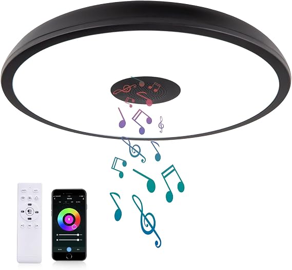 Black Smart Waterproof LED Flush Mount Ceiling Light Fixture,18W,with Bluetooth Speaker,RGB Color Changing Function-Dimmable Lamp,Tuya Application Control-Compatible with Alexa Google Home [Energy Class E]