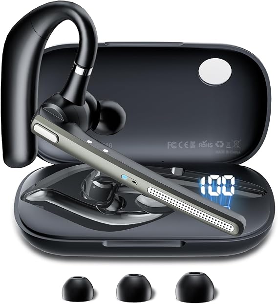 COTOE Bluetooth Headset V5.3 Kabelloser Ohrhörer mit 500 mAh Ladehülle Freisprech-Kopfhörer Geräuschunterdrückung Mikrofon für Büro/Fahren/BusinessSchwarz