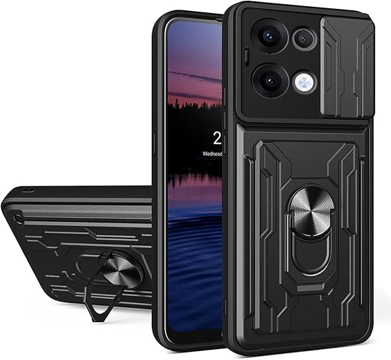 ILING Wallet Case for OPPO Reno 13 Pro 5G (Reno13 Pro 5G), Ultra-thin Matte Hard PC Silicone Shockproof Protective Armor Cover, with Card Holder Slot, Ring Kickstand, Slide Camera Cover (Black)