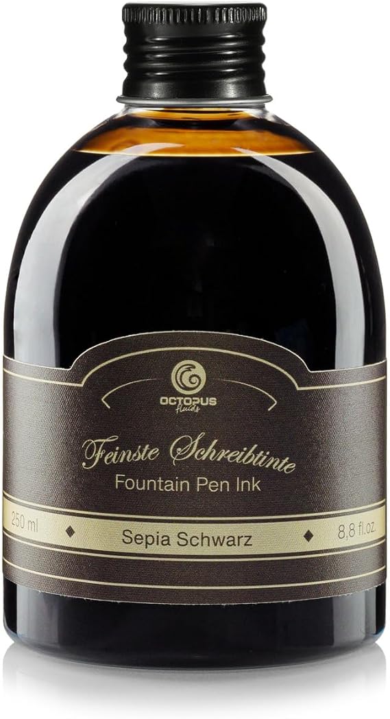 Fountain Pen Ink in Practical Refill Bottle, Writing Ink for Fountain Pen, Fountain Pen Ink, Calligraphy Ink in Sepia Black 250ml