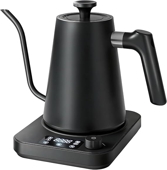 Electric Gooseneck Kettle with LCD Display, 1L Stainless Steel Electric Tea Kettle Temperature Control Pour-Over Coffee and Tea Pot 1200W Quick Heating Hot Water Boiler (Black-A)