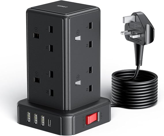 Kemelo Tower Extension Lead with 8 Way Multi Plug & 4 USB Ports (13A 3250W), Mini Power Strip with Switch, 2M Extension Cable Surge Protection for Home, Kitchen, Office