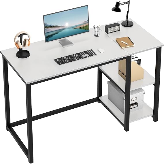 WOHOMO Computer Desk with Storage 120cm Table with 2-Tier Shelves, White