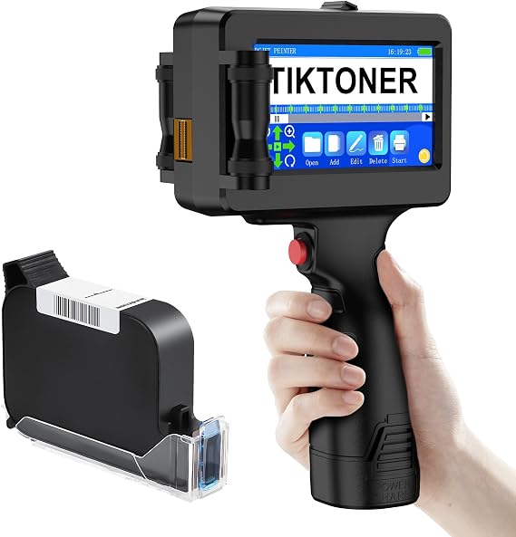 Handheld Inkjet Printer Gun with 42ml Quick-Drying Ink Cartridge, Handheld Inkjet Coding Machine with 4.3 inch Touch Screen for Text QRCode/Barcode/Batch Number/Date/Image