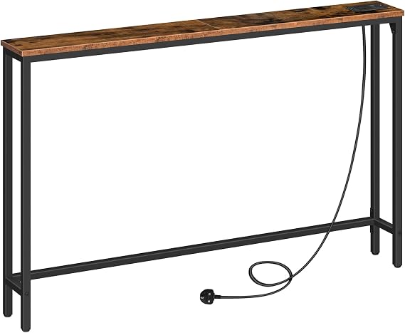 HOOBRO Console Table with Charging Station, 120 cm Slim Console Table for Hallway, Behind Sofa Table, for Entryway, Living Room, Small Spaces, Metal Frame, Rustic Brown and Black EBF15KXG01G1