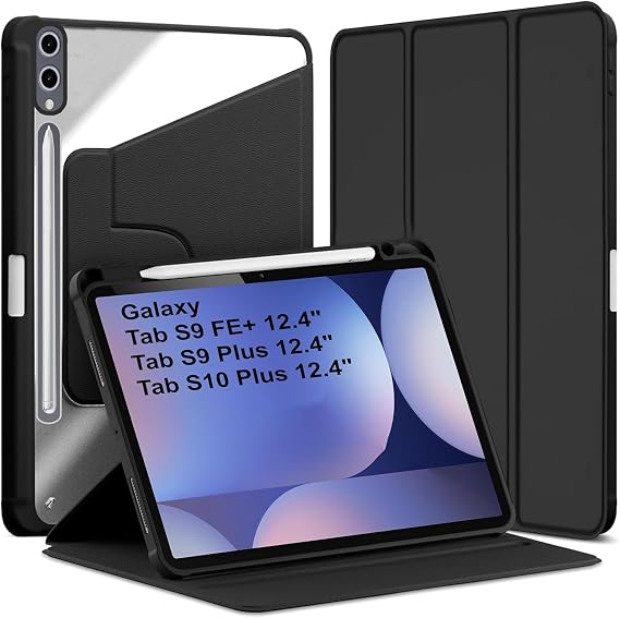 Case for Samsung Galaxy Tab S10+, Galaxy Tab S9 FE+ /S9 Plus 12.4 Inch with Pencil Holder, 360 Degree Rotation Protective Trifold Smart Cover, Auto Wake/Sleep (Black)