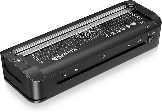 Amazon Basics 3 in 1 Thermal Laminating Machine, Cuts, Punches and Rounds Edges, A4 Size, 10 Bags Included, EU Plug, Black