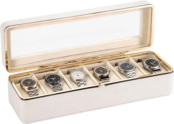 Watch Box 6 Slots Watch Case with Glass Lid Watch Display Storage Box for Men and Women Removable Watch Pillows Metal Clasp Synthetic Leather Velvet Lining Watch Box (White)