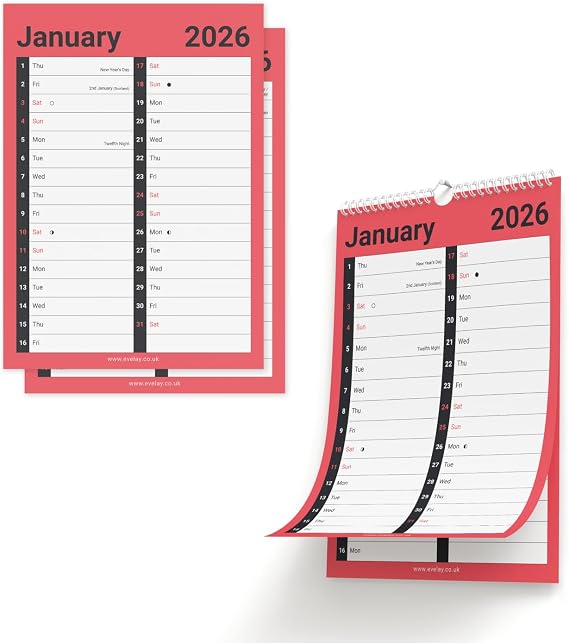 Evelay 2026 Calendar 2 Column Spiral Bound Wall Planner Month to View for Home Office Family with Holidays and Notable Dates