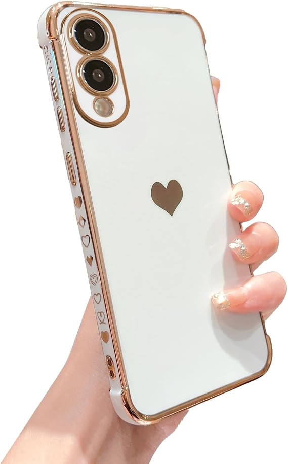 phylla Samsung Galaxy S25 Edge 6.6インチ スマホケース キュート ラブ ハート 金メッキ エッジ ラグジュアリー エレガント ケース 女性用 カメラプロテクター ソフト 耐衝撃 保護カバー ホワイト、Samsung S25 Edge用