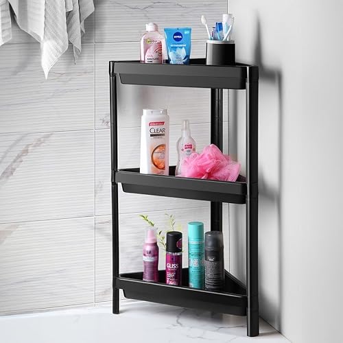 Deconox 3 Tiers Triangle Corner Shelf | Space Saving Organizer for Bathroom, Kitchen and Pantry | Multi-Purpose Shelving Unit | 3 Different Color Options | 33x71x33cm BLACK