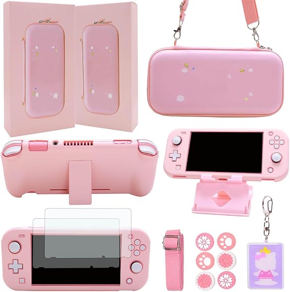 GUTIAL Accessories Bundle for Nintendo Switch Lite - Cute Kawaii NS Lite Accessories kit for Grils Boys Kids with Carrying Case, Cartoon Cover Case, Screen Protector, Stand - Pink