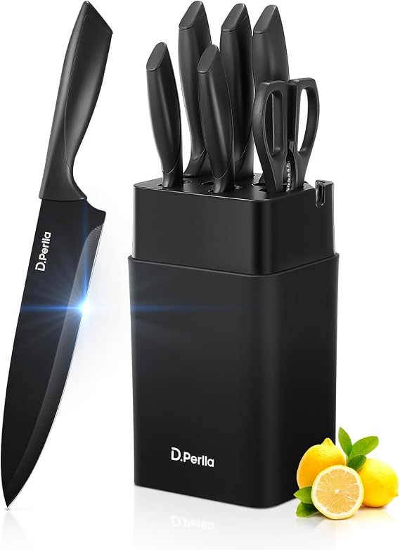 D.Perlla Kitchen Knife Set with Block and Built-in Sharpener, 7 Pieces, Stainless Steel Sharp Blade, Household Kitchen Knives, Plastic Block