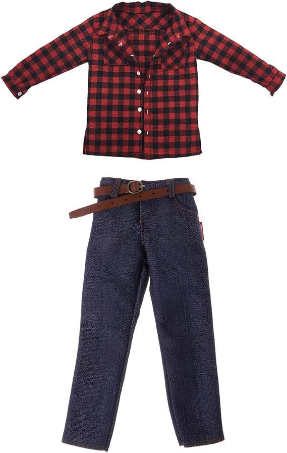 1/6 Scale Shirt and Jeans Set for 12 Inch Male Action Figure, Red Black Plaid Shirt with Blue Jeans, Doll Clothes Outfit