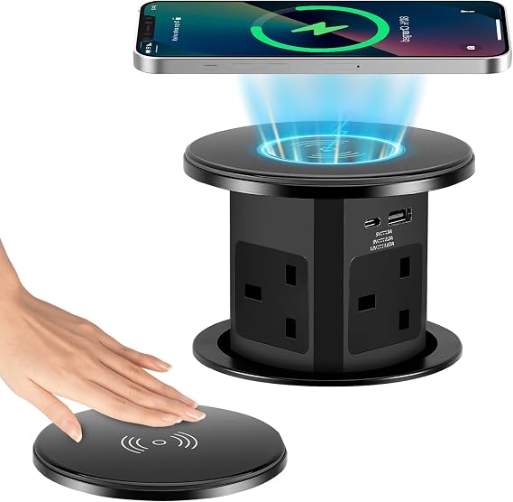 Pop Up Socket, Automatic Pop Up Power Outlet with 15W Wireless Fast Charger, PD 20W Type C Port, USB-A, 4 Smart UK Plug Extension Outlets, Recessed Power Strip for Kitchen Worktops Desktop Home Office