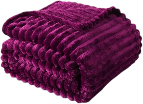 Ribbed Cord Fluffy Blanket Faux Fur - Warm And Fluffy Sofa Couch Bed Throw Super Soft Thick Blanket - Throwover Lounge Blankets (Plum, King (200x240cm))