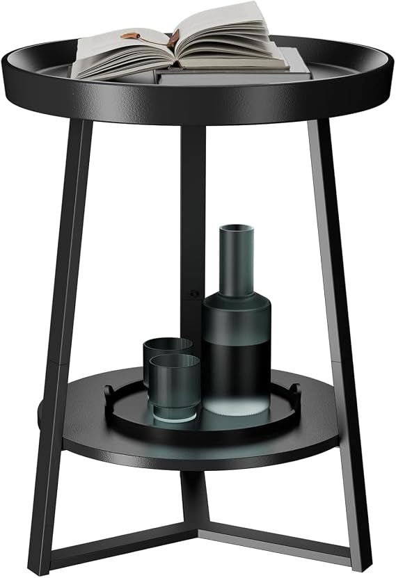 HOME BI Round End Table with Storage Shelf, 2 Tier Farmhouse Circle Side Table Nightstand for Living Room, Bedroom,Black Wood Grain
