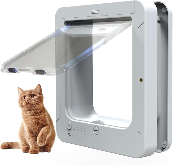 Microchip Cat Flap, Smart Cat Door, with 2 Sensor Collars and 1 Remote Control, Opening Size: 7.7 * 8.3 in, for Cat, Puppy white