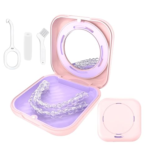 Retainer Case for Invisalign, Slim Aligner Cases with Mirror and Ventilation Holes, Mouthguard Case with Removal Tools& Aligners Chewies& Brush (Pink)