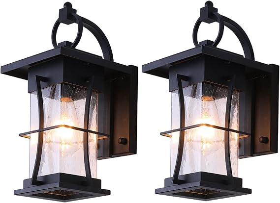 IP65 Outdoor Wall Sconces Light, 2PCS Fixtures Exterior Wall Lantern Outside House Lamps Black Metal with Clear Seeded Glass Perfect for Exterior Porch Patio House