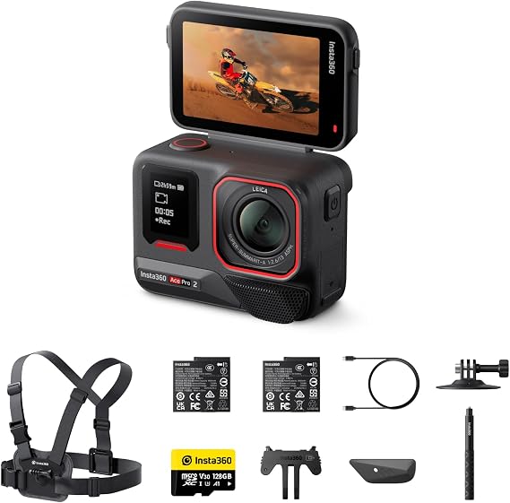 Insta360 Ace Pro 2 Ski Bundle - 8K Waterproof Action Camera Co-Engineered with Leica, 1/1.3" Sensor, Dual AI Chip, Leading Low Light, Superior Audio, Flip Screen & AI Editing for Vlogs