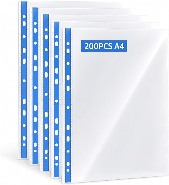 200 Pcs Punched Pockets A4 Clear 80 Micron Strong Plastic Wallet Sleeves, Top Opening Poly Pockets for Ring Binder Folders, Blue Edge