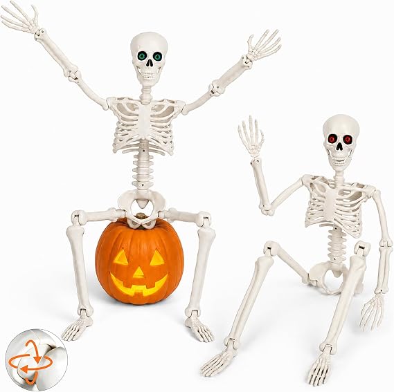 Halloween Skeleton Decorations - 2 Pack 3FT (90cm) Poseable Skeletons with eyes, Movable Joints & Jaw, for Indoor & Outdoor Scary Scenes, Yard, Porch, Party, Haunted House, Graveyard Decor