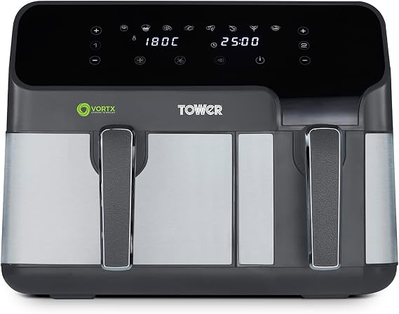 Tower T17099 Vortx 5.2L & 3.3L Eco Dual Basket Air Fryer with 8 One-Touch Pre-sets, 1700W, Black