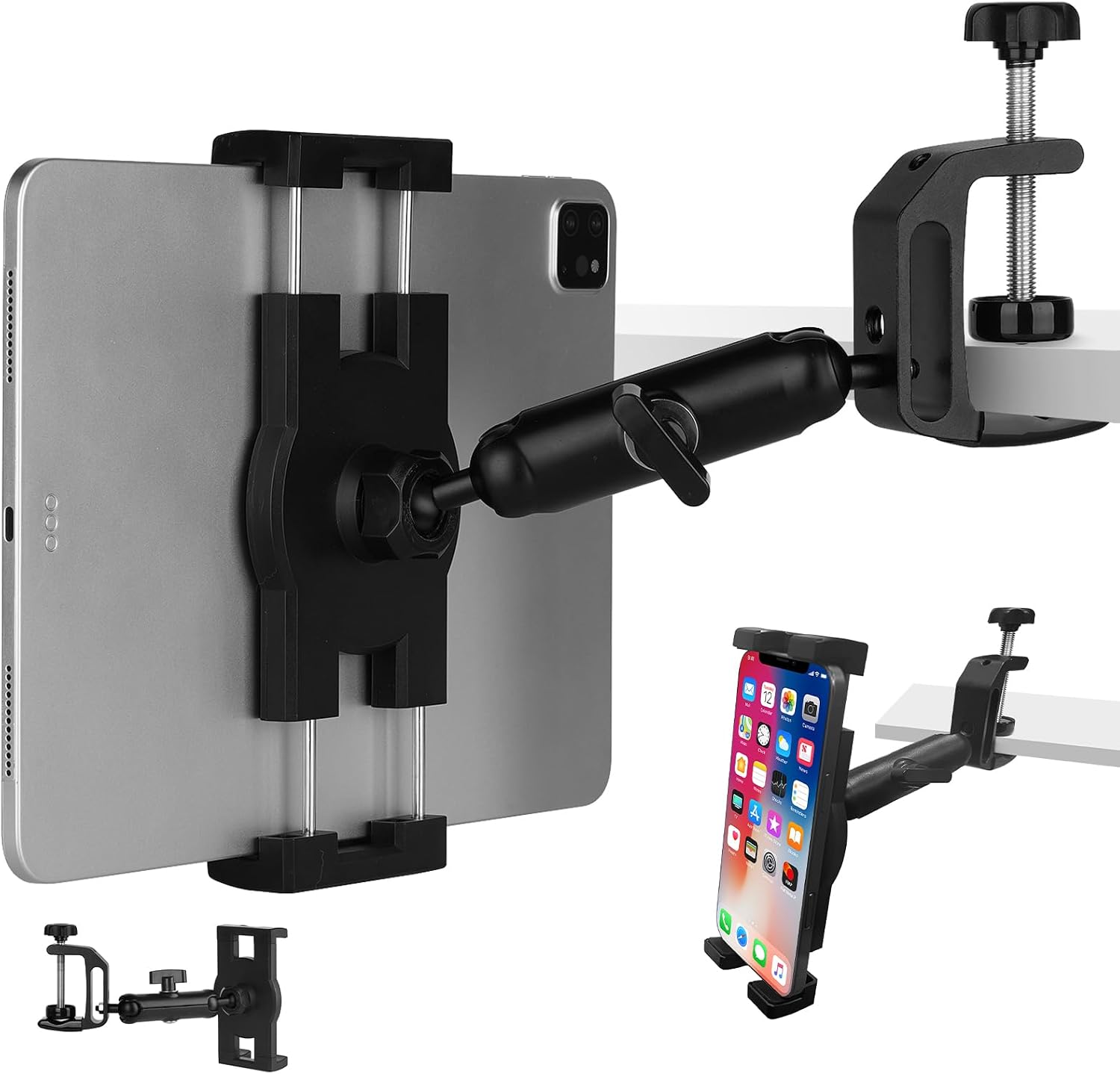 Under Cabinet Tablet Mount, Kitchen Tablet Holder iPad Mount for DeskTableBoardChair,Compatible with 4.7~12.9" iPadNexusLG G Padse-ReaderSwitchiPhone,360° Adjustable Aluminum Alloy Arm Stand